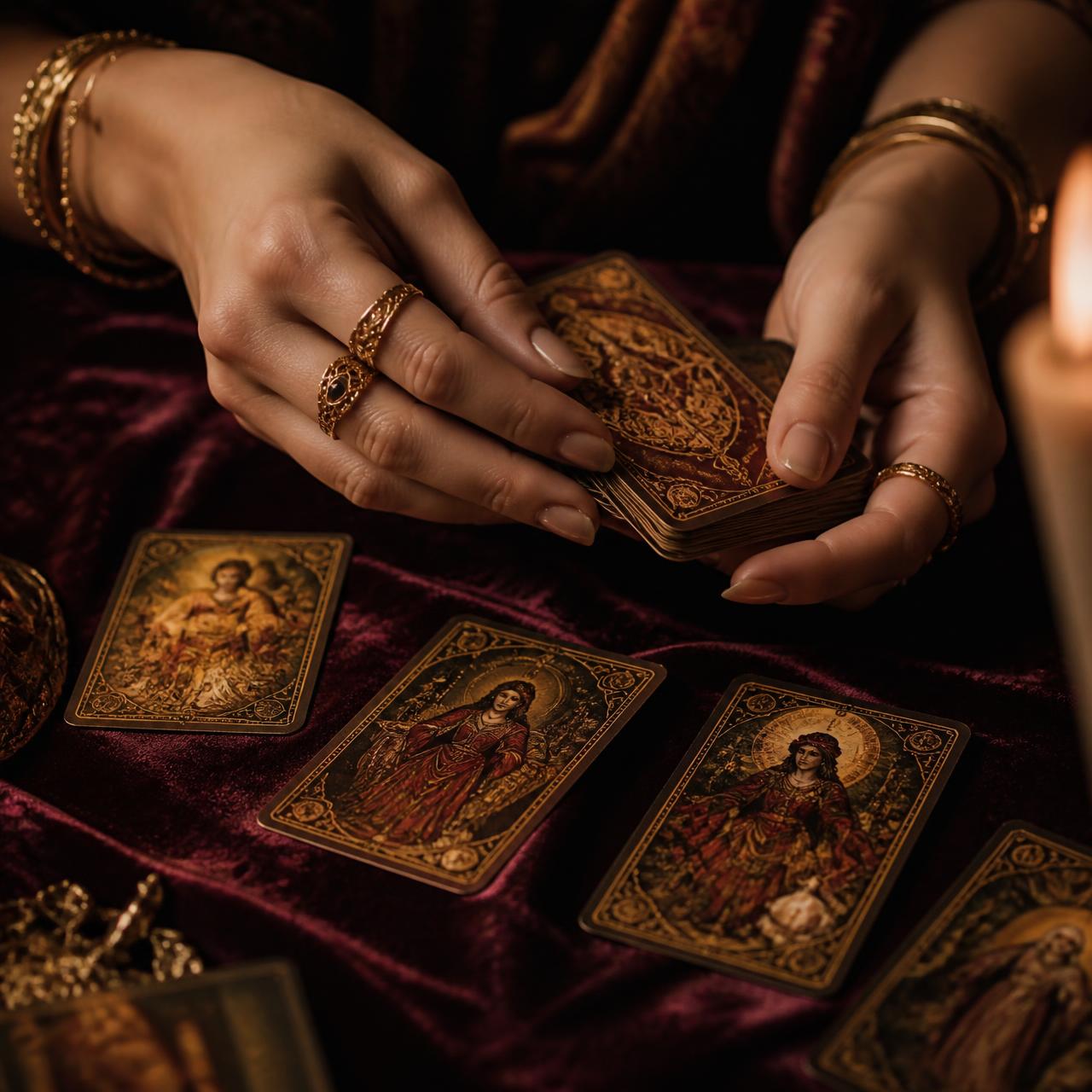 Mãos elegantes manuseando cartas de baralho cigano sobre veludo bordô